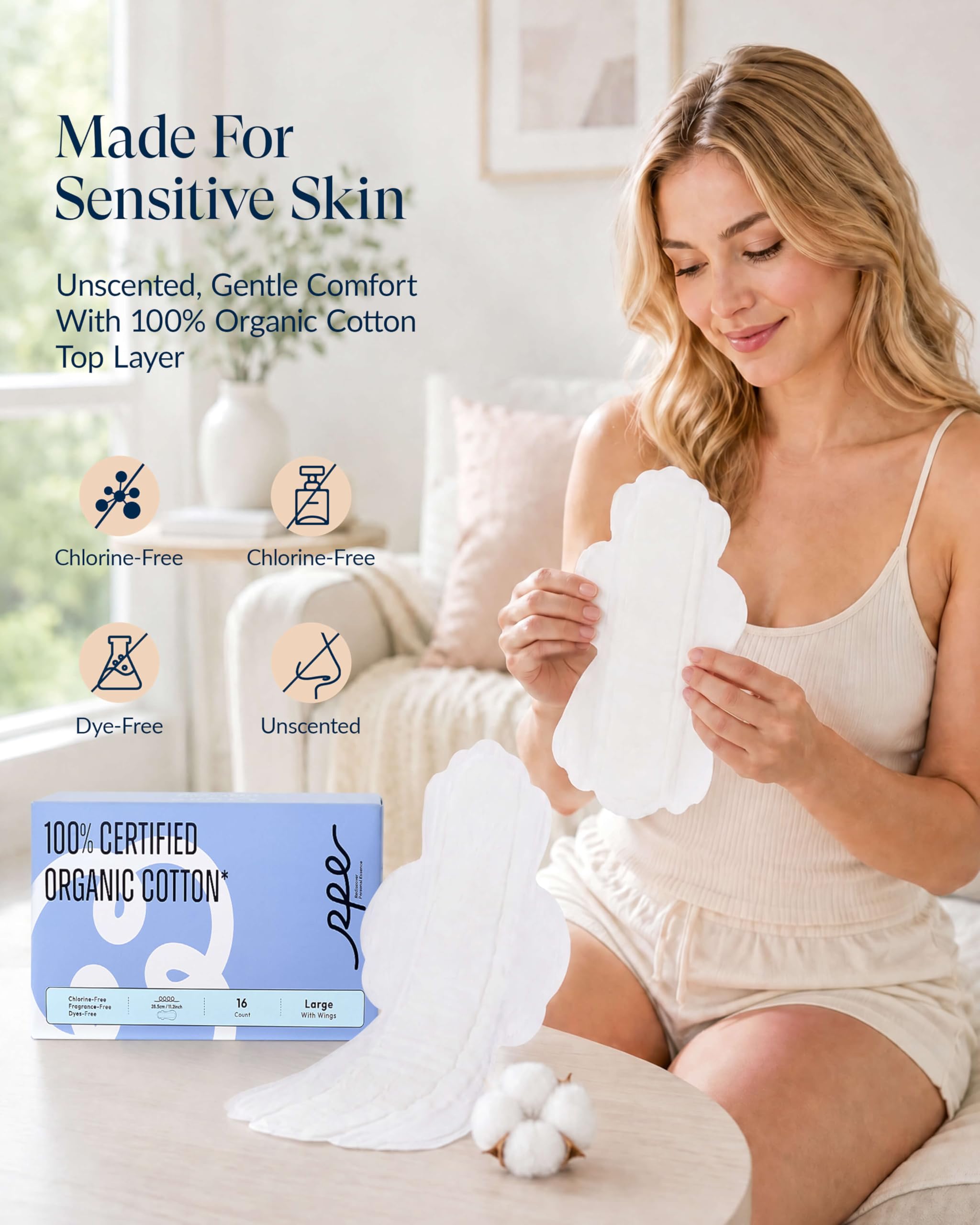 Almohadillas sanitarias 100 % orgánicas grandes para mujer, ultra finas y de flujo pesado con alas, almohadillas de algodón sin perfume para menstruales, almohadillas femeninas de súper absorción,