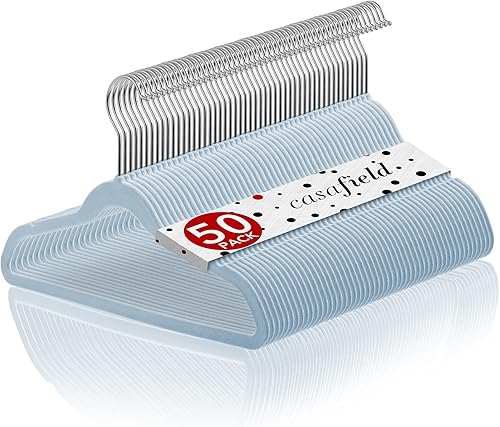 Casafield 50 perchas de terciopelo para niños, tamaño de 14 pulgadas, color azul claro