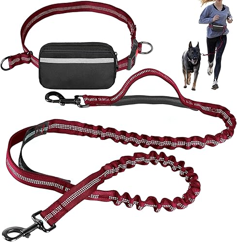 Miniatura 10 de Correa de perro manos libres con cinturón – Bungee sin tirones, asas acolchadas dobles y bolsa con cremallera para correr, caminar y entrenar –