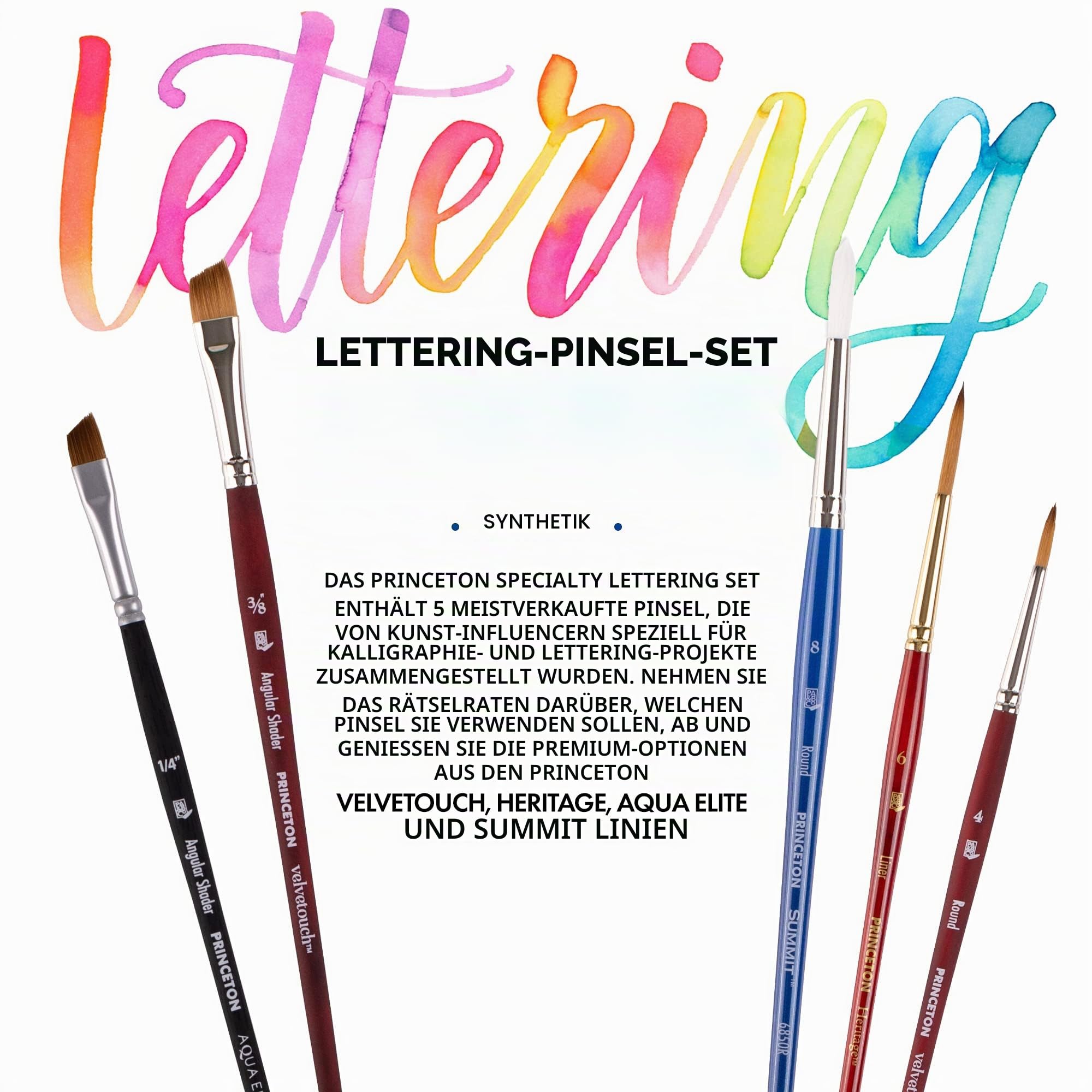 PRINCETON Artist Brush Set, Lettering Pinselset, 5 sortierte Pinsel für Lettering