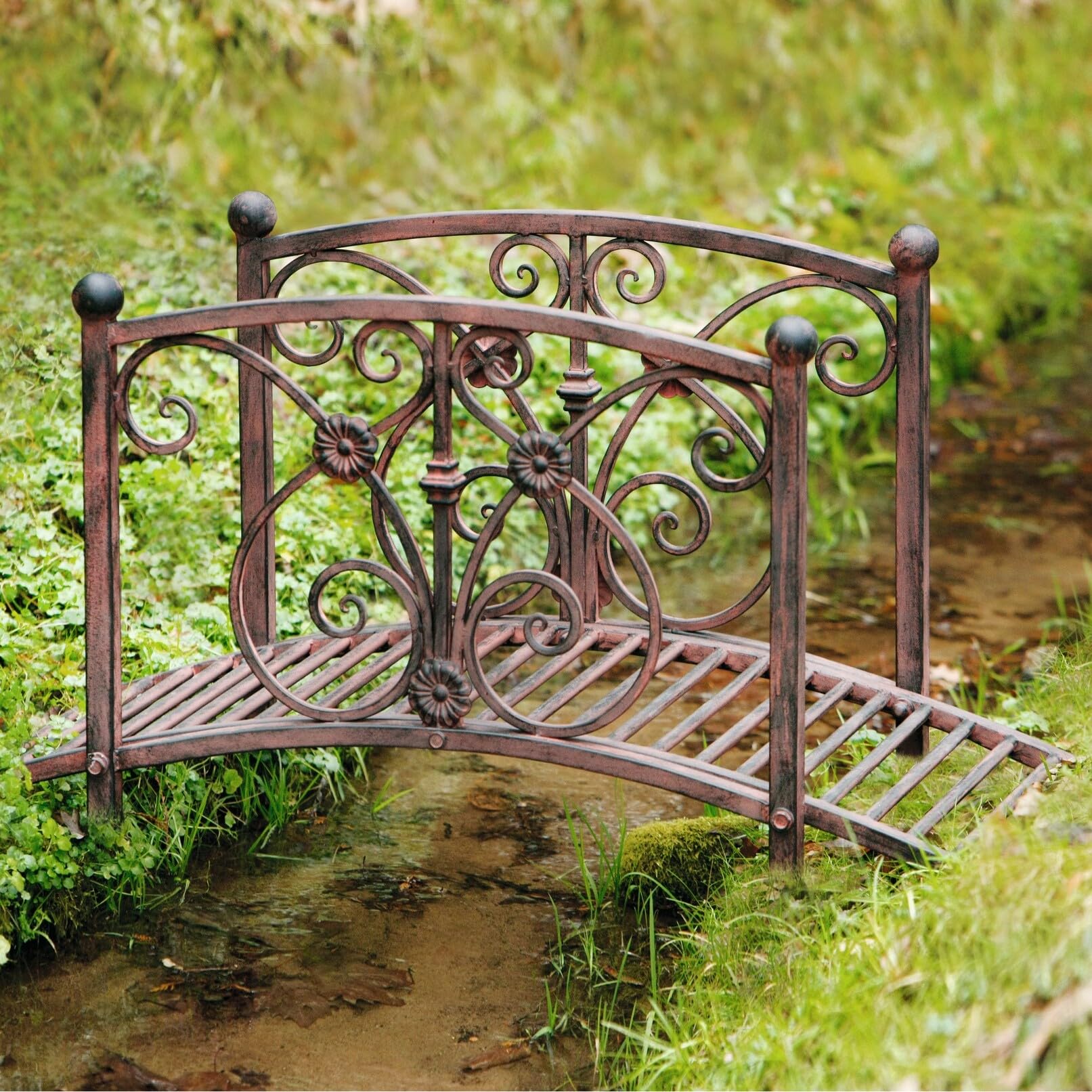 Dekoleidenschaft Pont décoratif de ruisseau en métal aspect rouille, avec garde-corps, pont ornemental, décoration de jardin pour l'extérieur, pont d'étang, pont de jardin