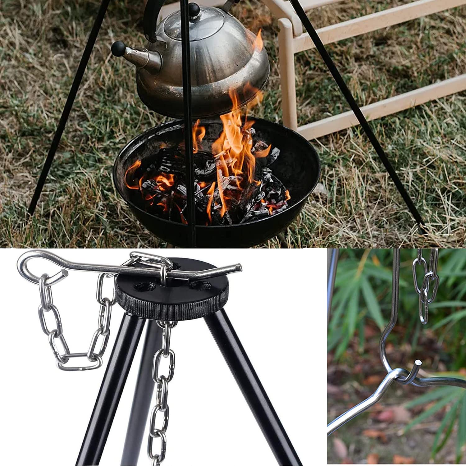 Trépied de Cuisine en Plein Air Pliant Campfire Griller Grill Grille Stand Camping Fire Pit Tool Bonfire Party Pique-Nique BBQ Cintre avec Sac De Rangement