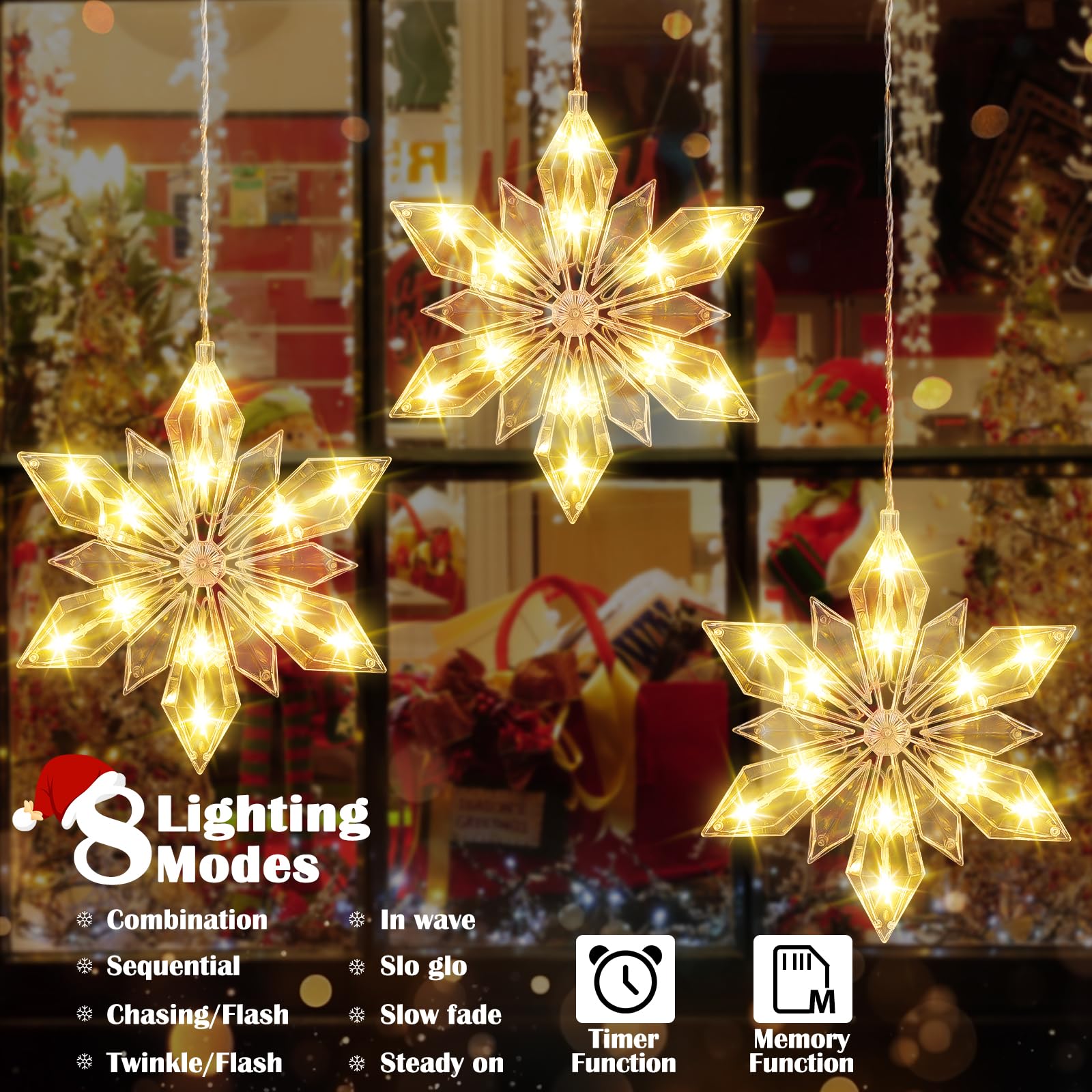 Quntis Luci natalizie da 86,4 cm, a batteria, confezione da 3 luci a 36 LED a forma di fiocco di neve, con timer di memoria, 8 modalità scintillanti, decorazione natalizia per interni e invernali