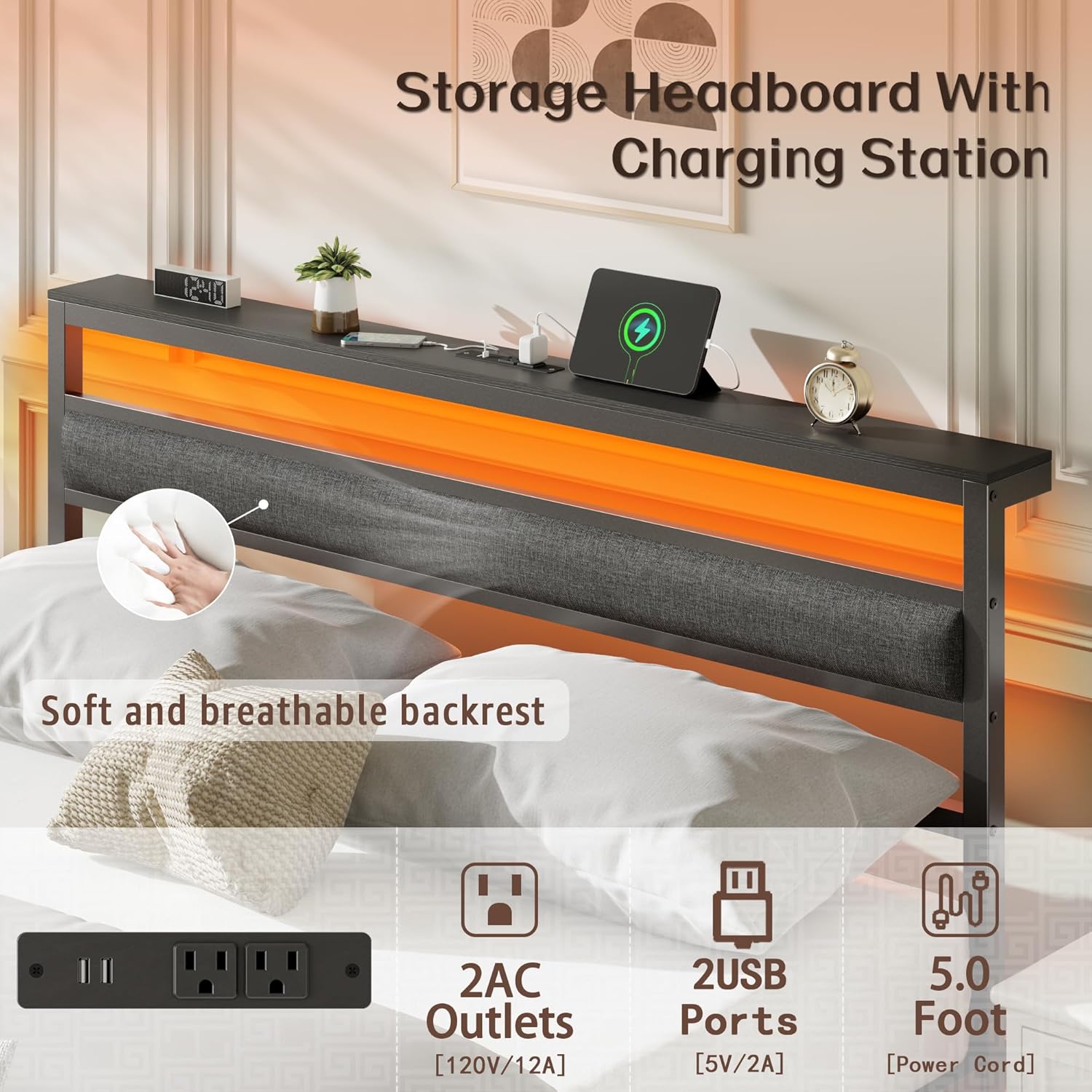 Queen Bed Frame with Led Lights and Charging Station, Bed Queen Size Frame with Headboard and Under Bed Storage, Black Metal Platform Bedframe and Storage Shelf, Easy Install - Image 5