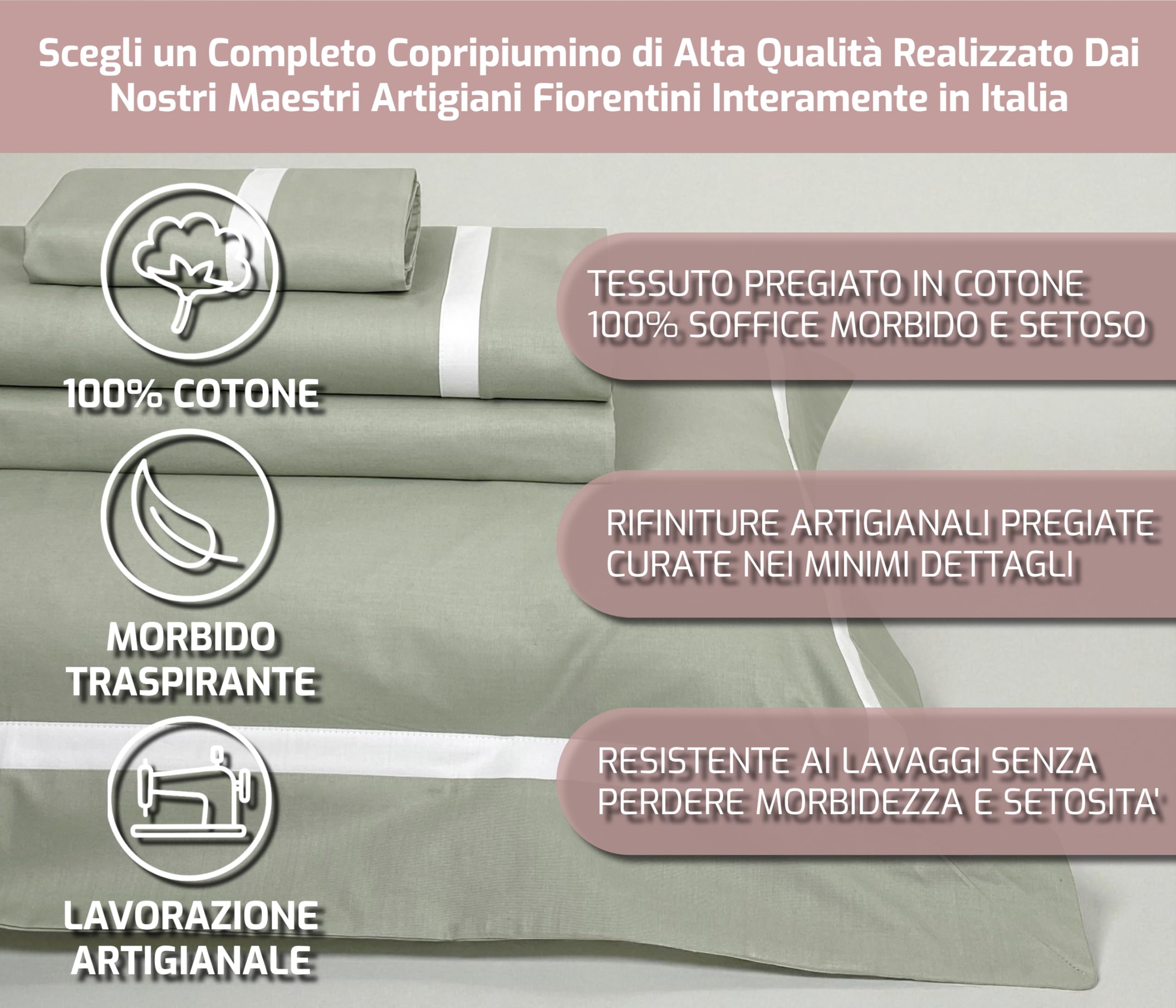 Mahome Completo Copripiumino Matrimoniale Cotone 100% Percalle 300TC – Bordino su balza – Sacco 250x200+40cm, Lenzuolo Sotto 180x200x30cm, 2 federe con volant 50x80cm – Made in Italy (Oliva)