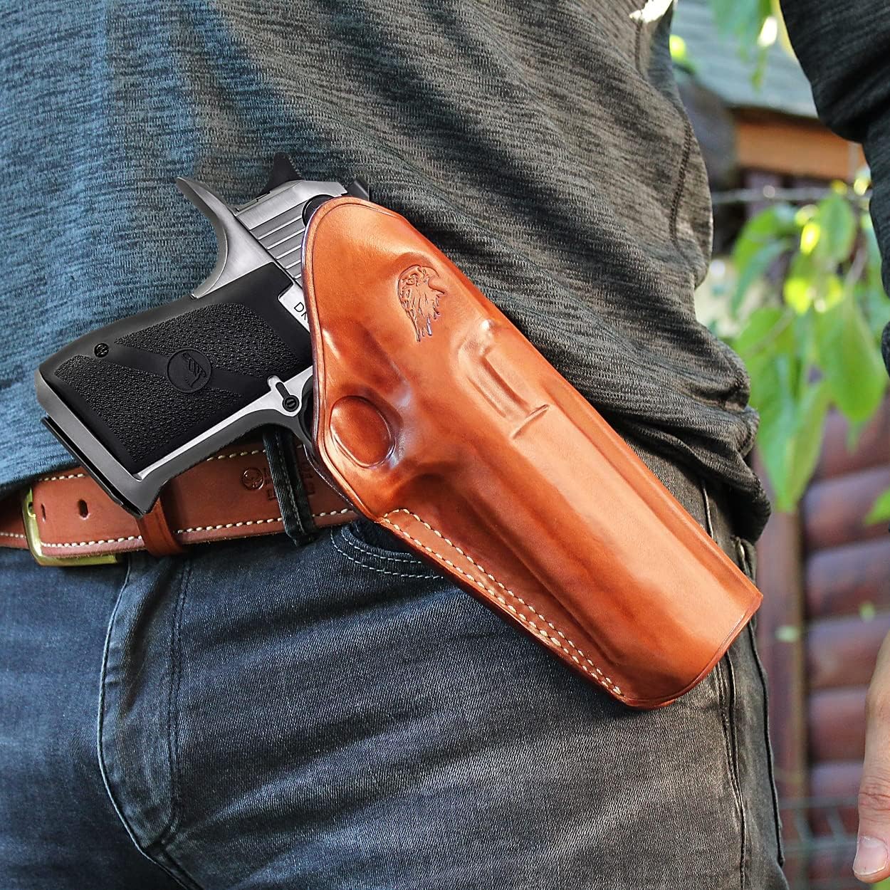 Premium Leather Three Slots OWB Belt Holster Open Top for, Desert Eagle, FITS All CALIBERS with 6'' Barrel, R/H Draw, Brown Color #1089#