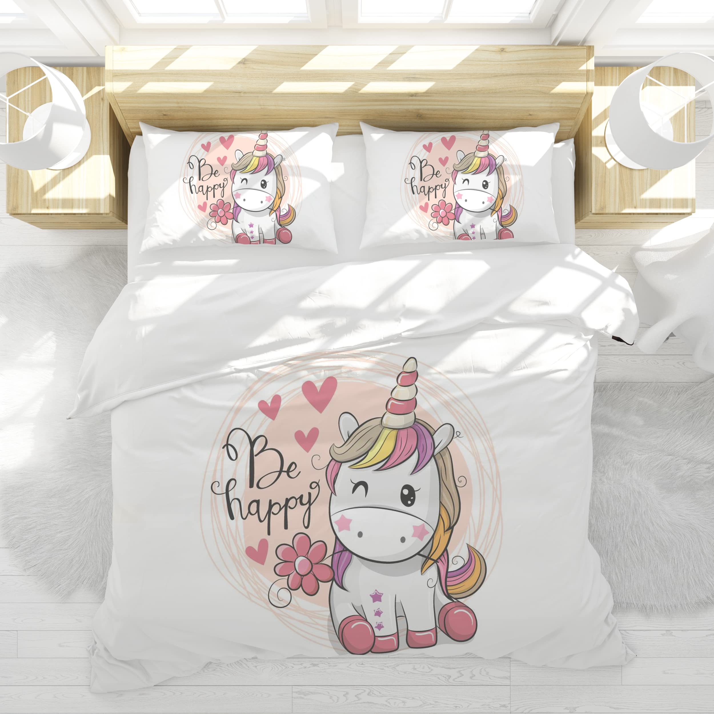Set di biancheria da letto per bambini, con copripiumino e 2 federe, motivo unicorno, in microfibra, con chiusura lampo (Stile C, 135 x 200 cm)