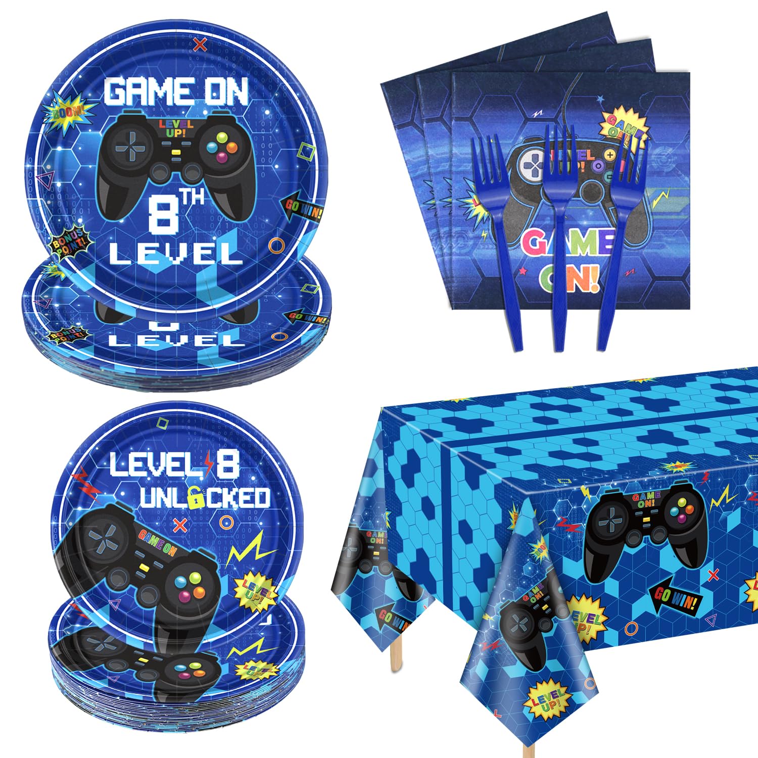 81 Pcs Video Game Party Supplies - 8th Birthday Video Game Party Decor Dinner Plates Napkins Video Game Tablecloth Forks Gaming Party Pack for Kid Boy