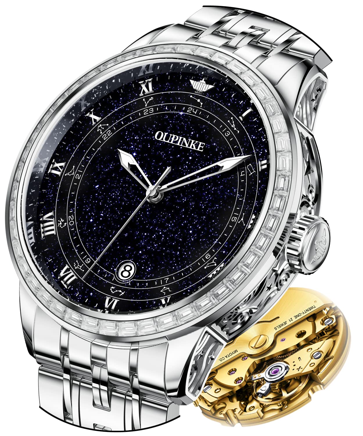 OUPINKE Men Watches Automatic Silver Luxury Starry Mechanical Dial 5ATM Waterproof Date Luminous with Sapphire and Tungsten Steel Wrist Watch for Man Black