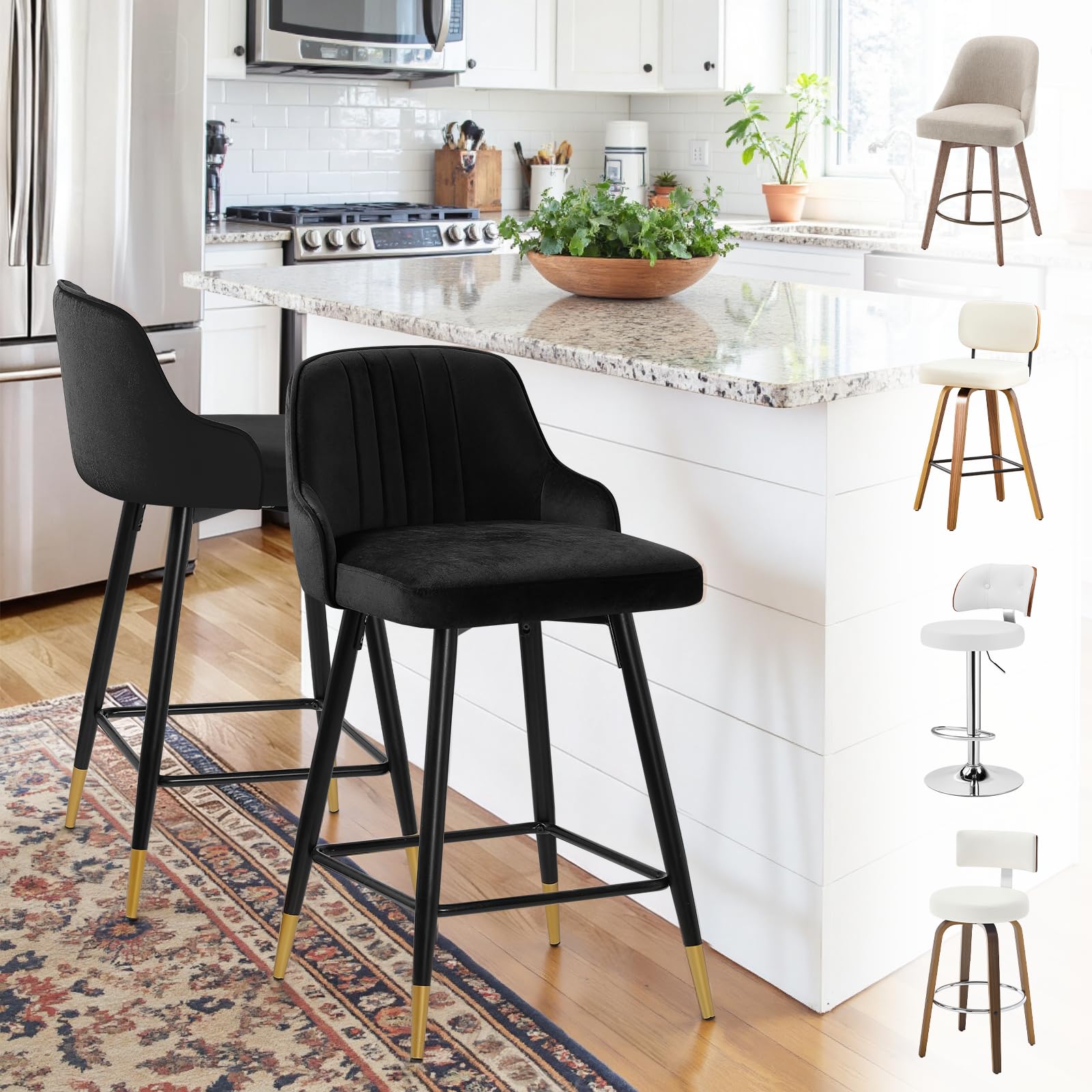 Bekrvio 65CM Bar Seats Set of 2, Modern Velvet Swivel Bar Stools with Arms, Back, Metal Footrest for Kitchen Counter Island Dining Room, Support 150kg,Black