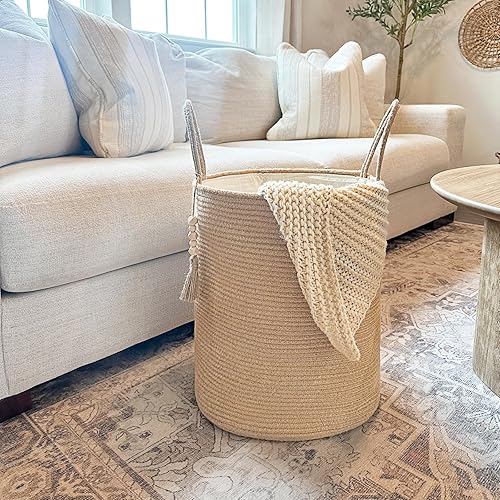 Miniatura 7 de CherryNow Cesta de lavandería tejida alta, cesta decorativa para manta para sala de estar, cesta redonda de mimbre para toallas, ropa, cesta de yute