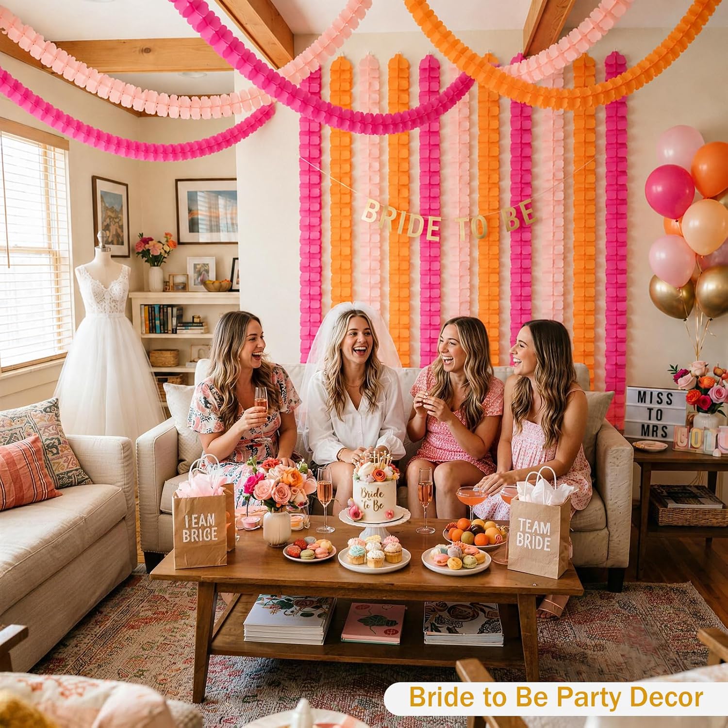 Hot Pink and Orange Party Decorations, 12Pcs 4-Leaf Paper Streamers | Paper streamer garlands for sunset parties, citrus spritz themes, birthdays, weddings, baby showers and bachelorette parties