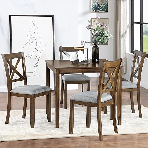 Miniatura 2 de Juego de mesa de comedor de 5 piezas para 4 personas, mesa de comedor de cocina con 4 sillas de madera maciza con cojín suave, ideal para uso en