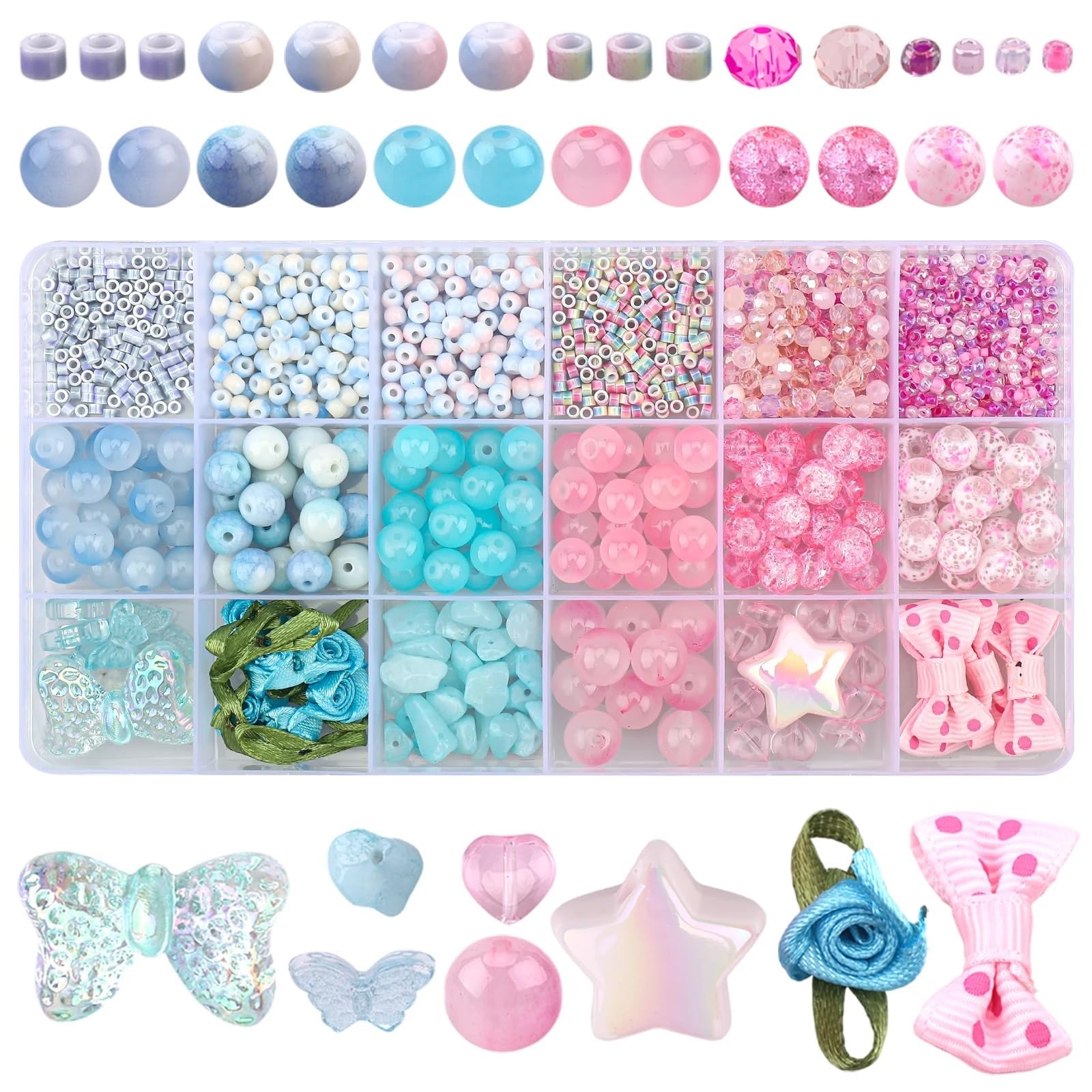 Cuentas de cristal esmerilado, 2 cajas de cuentas de vidrio para hacer joyas, pulsera de cristal, cuentas de resina, suministros de cuentas, aretes y collar (03LanFen)