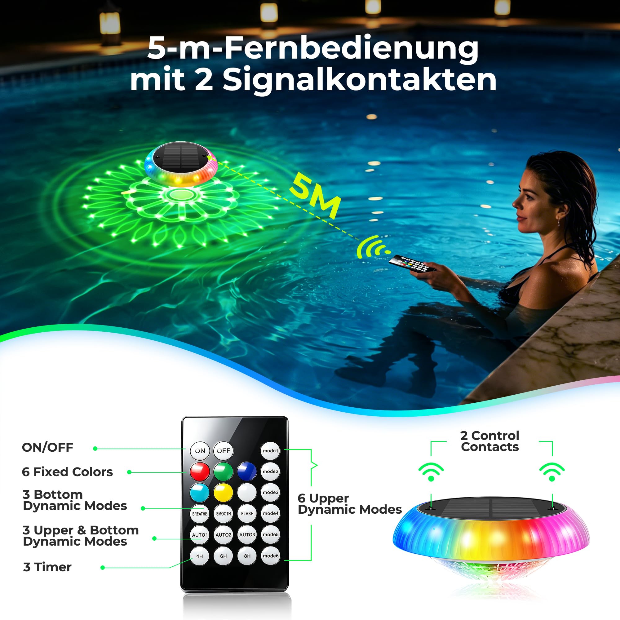 Schwimmende Poolbeleuchtung Solar mit Fernbedienung – 16,3 cm, 2-in-1 Doppellicht (57 Modi), Timer, IP67 wasserdicht – für Pool, Whirlpool, Gartenteich, Aufblaspool (1 Stück)