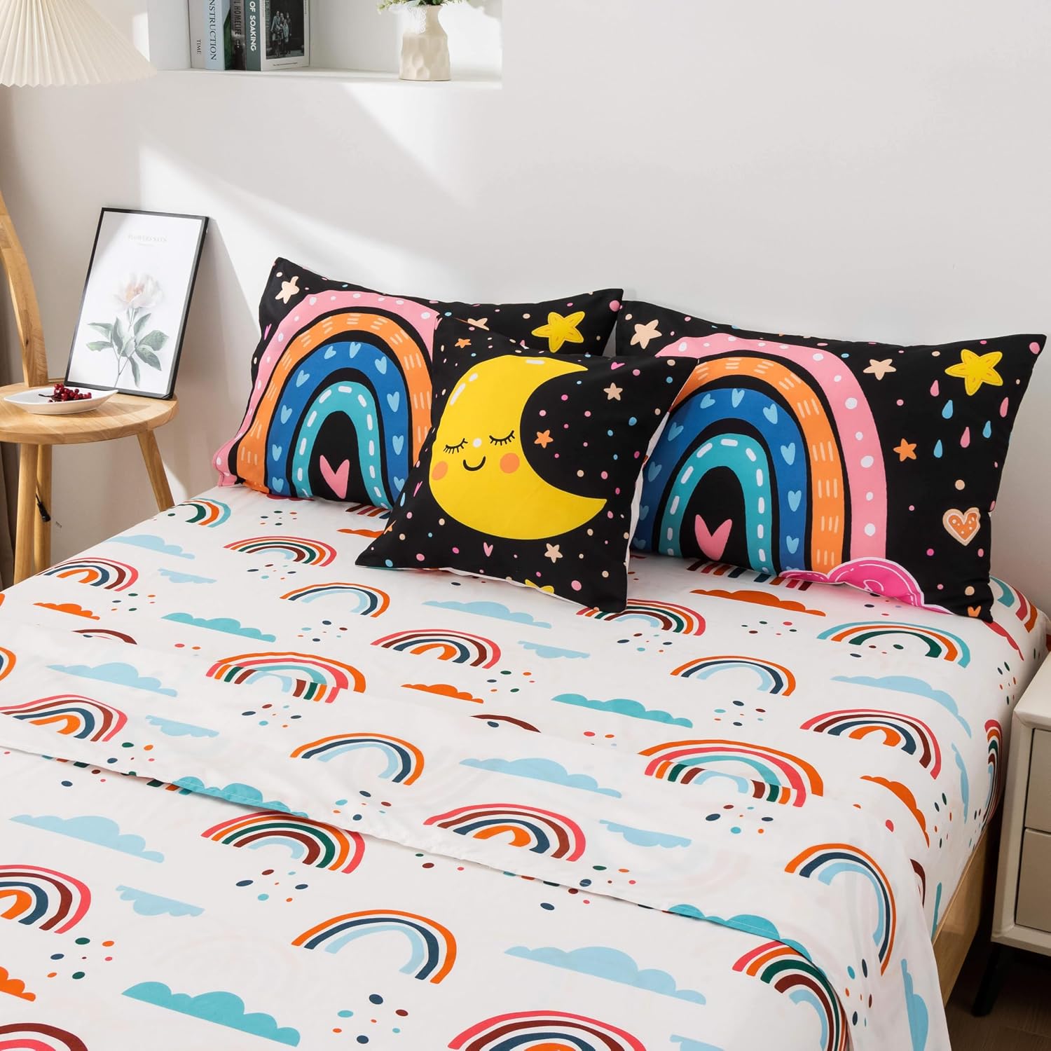 Btargot 5 Piece Black Rainbow Comforter Set for Girls Boys Kids, Cartoon Cute Moon Stars Bedding Set, Bed in a Bag with Comforter, Sheets and Pillowcases,Twin