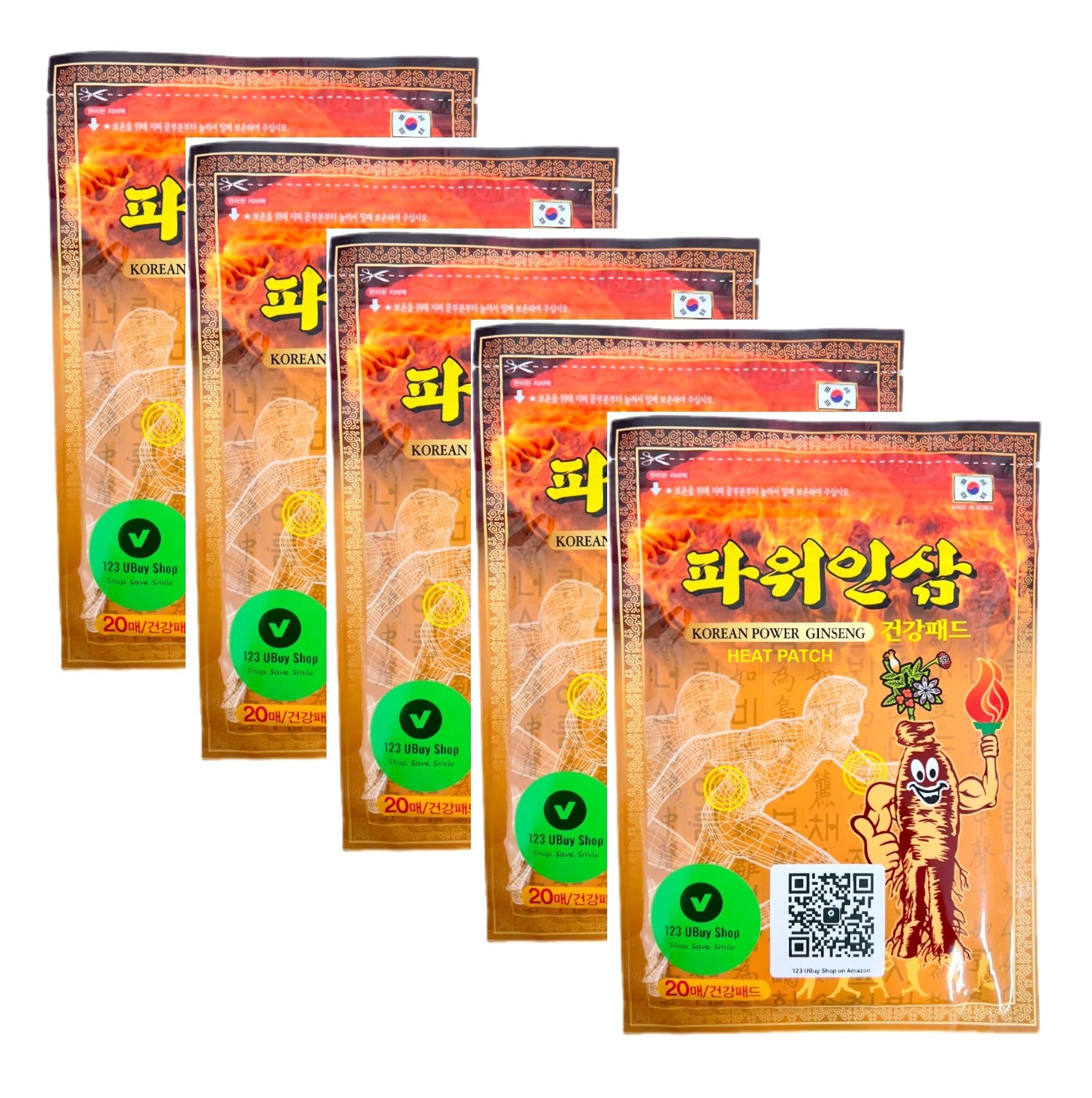 Korea Power Ginseng- Heat Patch (New Vesion) - 5 Package/100 Heat Patches (5.2" x 3.7")