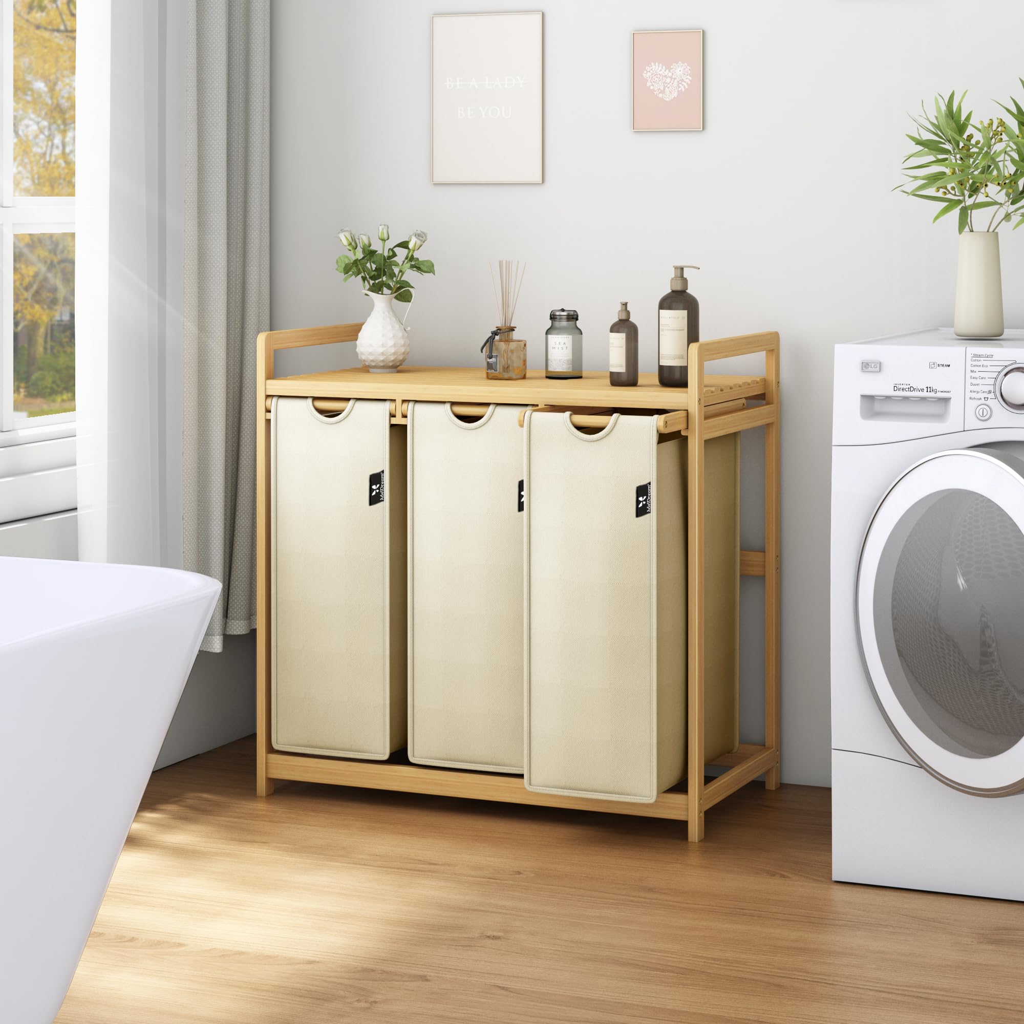 AdelDream Panier à linge 150L 3 compartiments avec étagères sac à linge extensible et amovible collecteur de linge cadre en bambou boîte à linge tri du linge Bambou Beige