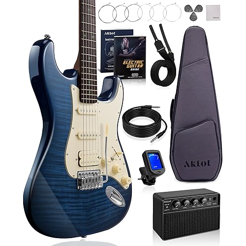 AKLOT Beginner Electric Guitar Kit: 10W Amp, Coil-Split HSS Pickups, Lesson Book, Roasted Maple Neck, Gig Bag, Tuner, Strap, Picks, Stryde Storm Blue