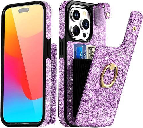 AICase Funda para tarjetas compatible con iPhone 15 Pro Max, funda protectora con purpurina brillante para mujer con soporte de anillo y 8 ranuras