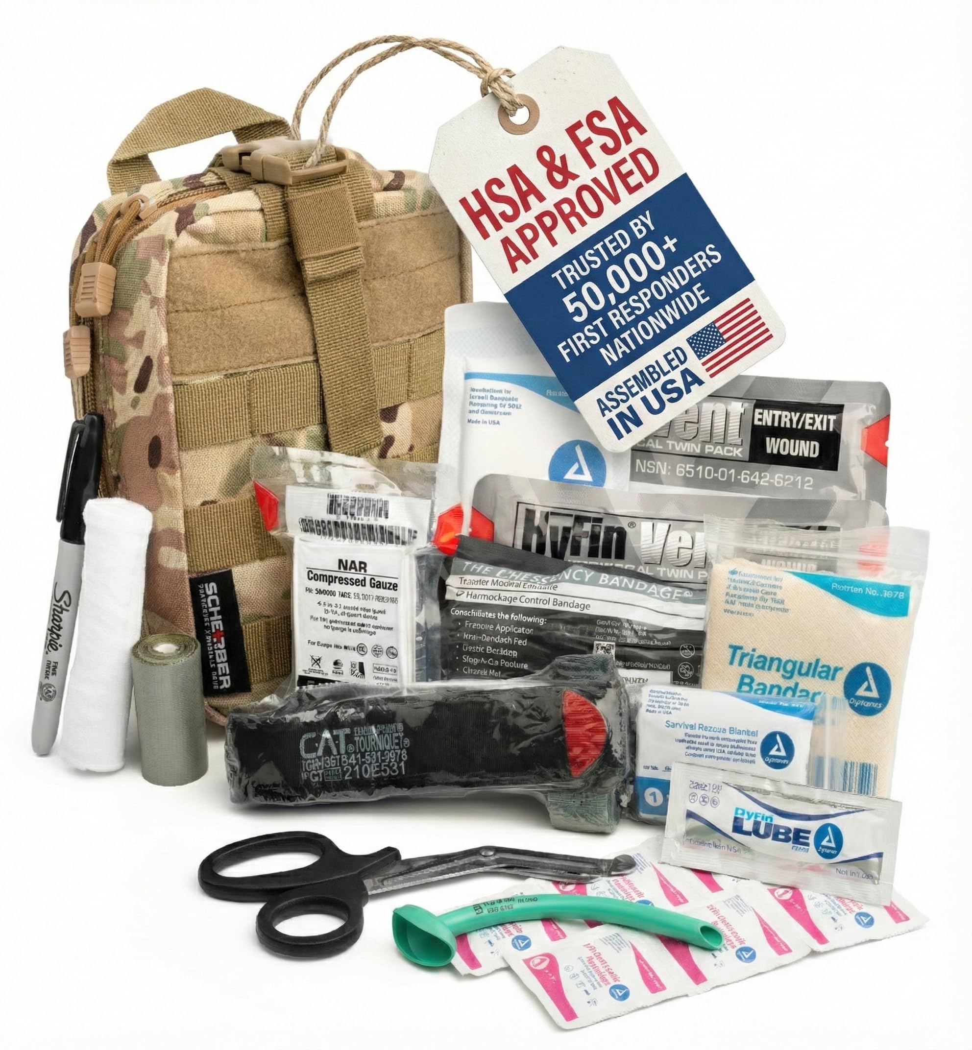 Scherber Premium IFAK Kit Trauma Pack Fully Stocked MOLLE Pouch w/CAT Tourniquet, HyFin Vent Chest Seal, & Israeli Bandage Trauma Kit for Emergency, Gunshot, Bleeding, & Major Wound Care (Camouflage)