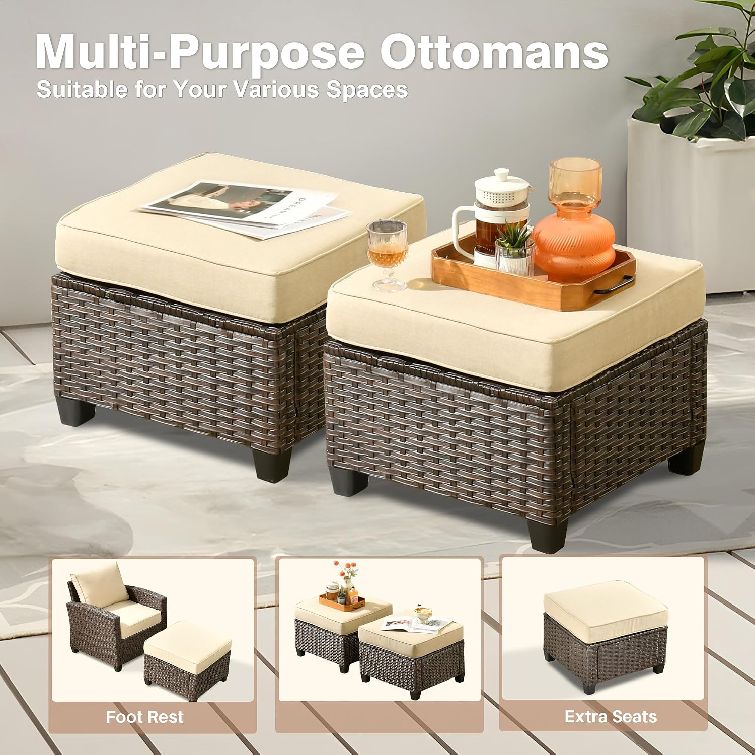 ovios 5 Pieces Patio Furniture Set, Outdoor Wicker Sofa Couch with Chairs Comfy Cushions, All Weather Brown Rattan Conversation Set for Backyard Deck Porch, Beige
