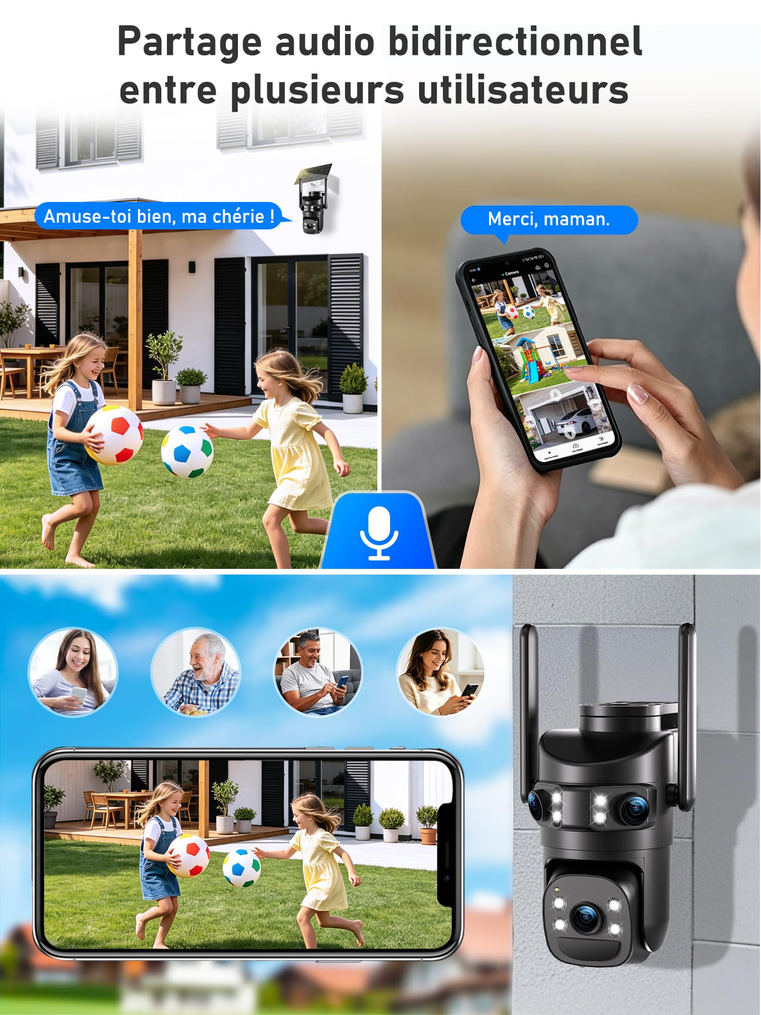 4K Camera Vigilancia WiFi Exterior Inalámbrico, Triple Objetivo/Cámara Solar/Batería, 360° PTZ Seguridad en el hogar, Visión Vocturne 30M, Alarma, Audio bidireccional, Seguimiento automático,2PCS
