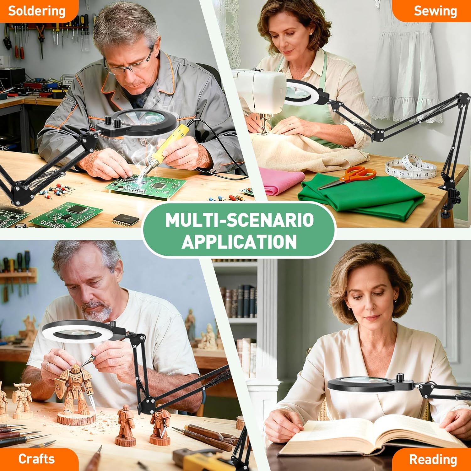 12X & 30X Magnifying Glass with Light, Ultra Long 3 Section Swing Arm LED Desk Lamp with Large Clamp, 3 Color and Brightness Hands Free Magnifier Light and Stand for Workbench Crafts Soldering