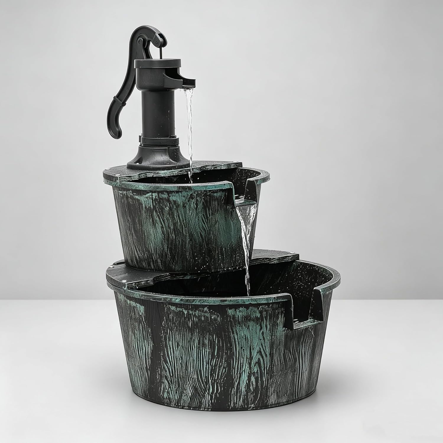 MoNiBloom Outdoor Water Fountains, 27" Tall 2-Tier Barrel and Pump Waterfall Fountain and Pump for Outdoor Patio Garden Backyard Deck, 11L Water Capacity, Green