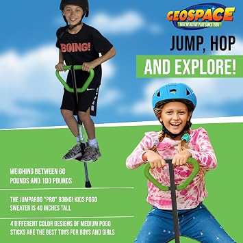 Geospace Jumparoo Boing! 'PRO' Medium Pogo Stick for Kids - Supports 60-100lbs Outdoor Toy for Boys and Girls Active Play for Balance, Coordination, Exercise & Fitness (Black with Green wrap)