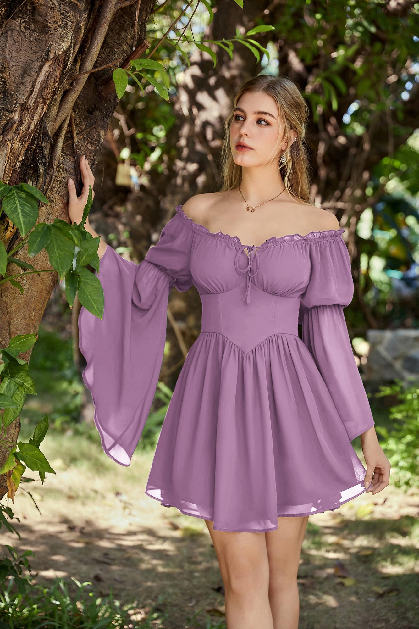 SCARLET DARKNESS Damen Renaissance Sommerkleid Schulterfrei Lace-up Korsett Kleid Chiffon Langarm Minikleid