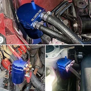 350ml Universal Oil Catch Can 0046 Aluminum Polish Baffled Reservoir Car Oil Catch Can Kit with 3/8 Fuel Line/6 Fittings/Stainless Steel Wool/Thread Seal Tape/Necessary Screws,Blue