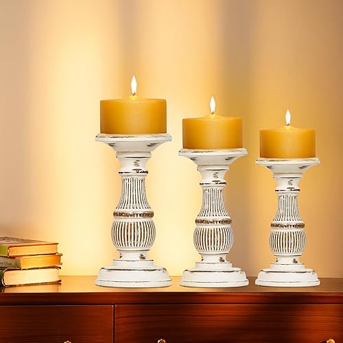 Miniatura 4 de DEVLA Portavelas para velas de pilar, juego de 3, portavelas de madera rústica, candelabros de madera vintage, pequeños, medianos y grandes.