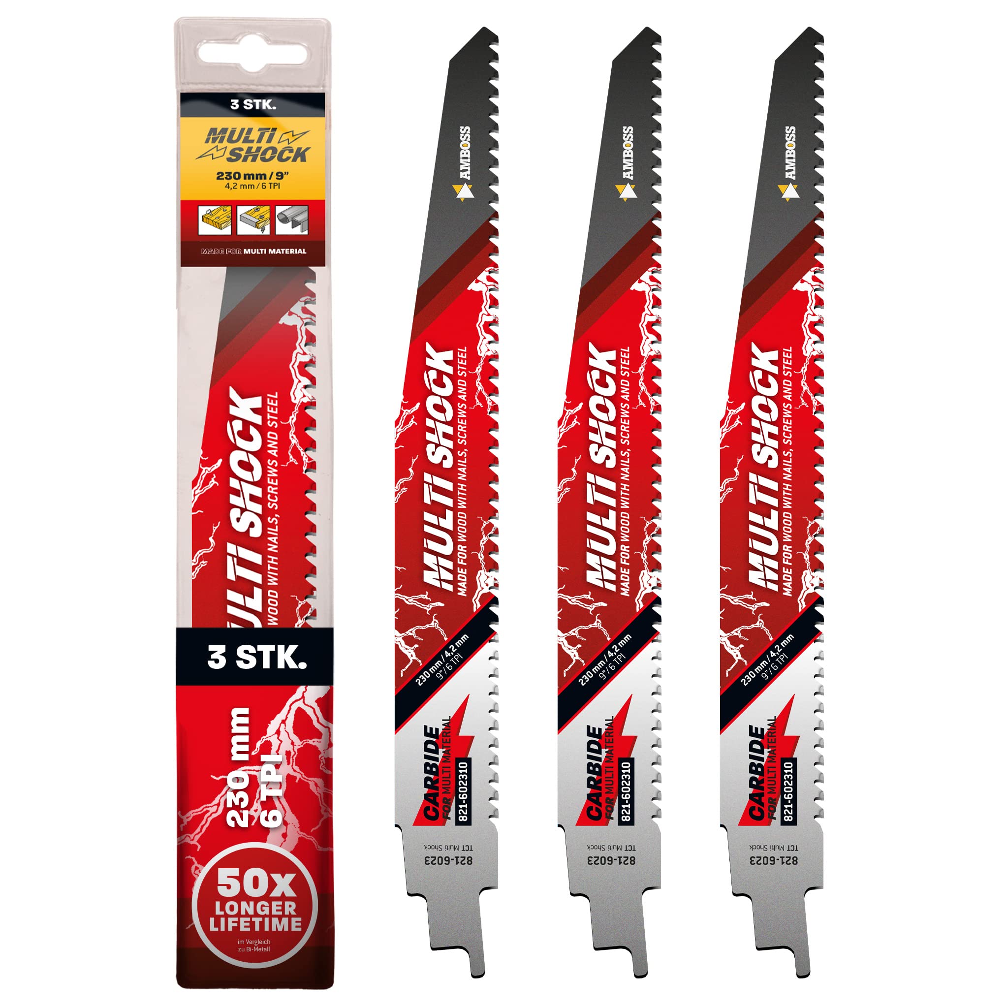 AMBOSS MULTI SHOCK – 3 x brzeszczot do piły szablastej długość 230 mm / 6 ZpZ – idealny do drewna z gwoździami i drewnem ze śrubami oraz stalą – wiele materiałów