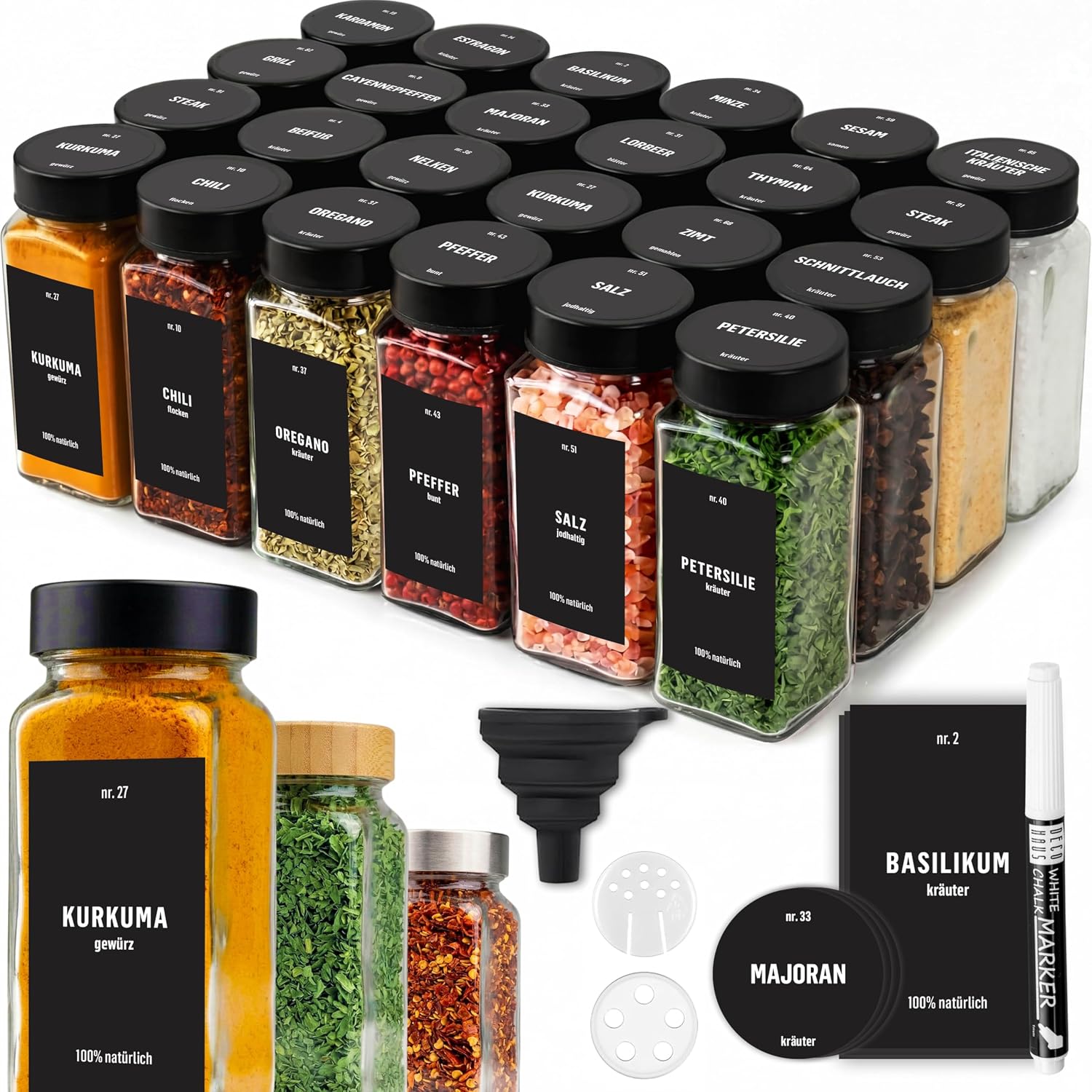 Deco haus® Słoiczki na Przyprawy z Nakrętką - Zestaw 24 sztuk - Różne Nasadki do Wytrząsarek, Lejek, Pędzelek, Etykiety i Kreda - Idealne do Naszych 4 Stojaków na Przyprawy - 120 ml, 10,5 x 4,5 cm