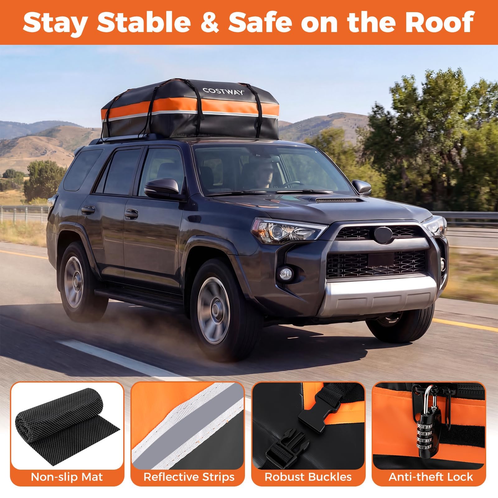FANTASK 600 L Auto Dachbox, Dachtasche wasserdicht mit Anti-Rutsch-Matte, 6 Türhaken, Schloss & Tragetasche, XXL Gepäckträger, tragbare Gepäckbox für Autos mit/ohne Gepäckträger (Orange)