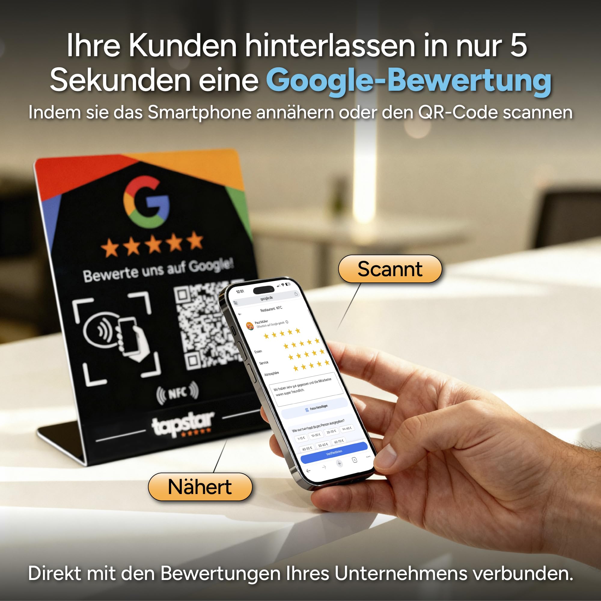 Tapstar Bewertungsaufsteller mit NFC & QR-Code – Google Bewertung Aufsteller für Theke, Tresen oder Empfang – Kompatibel mit iPhone & Android – Ohne App, Ohne Abo