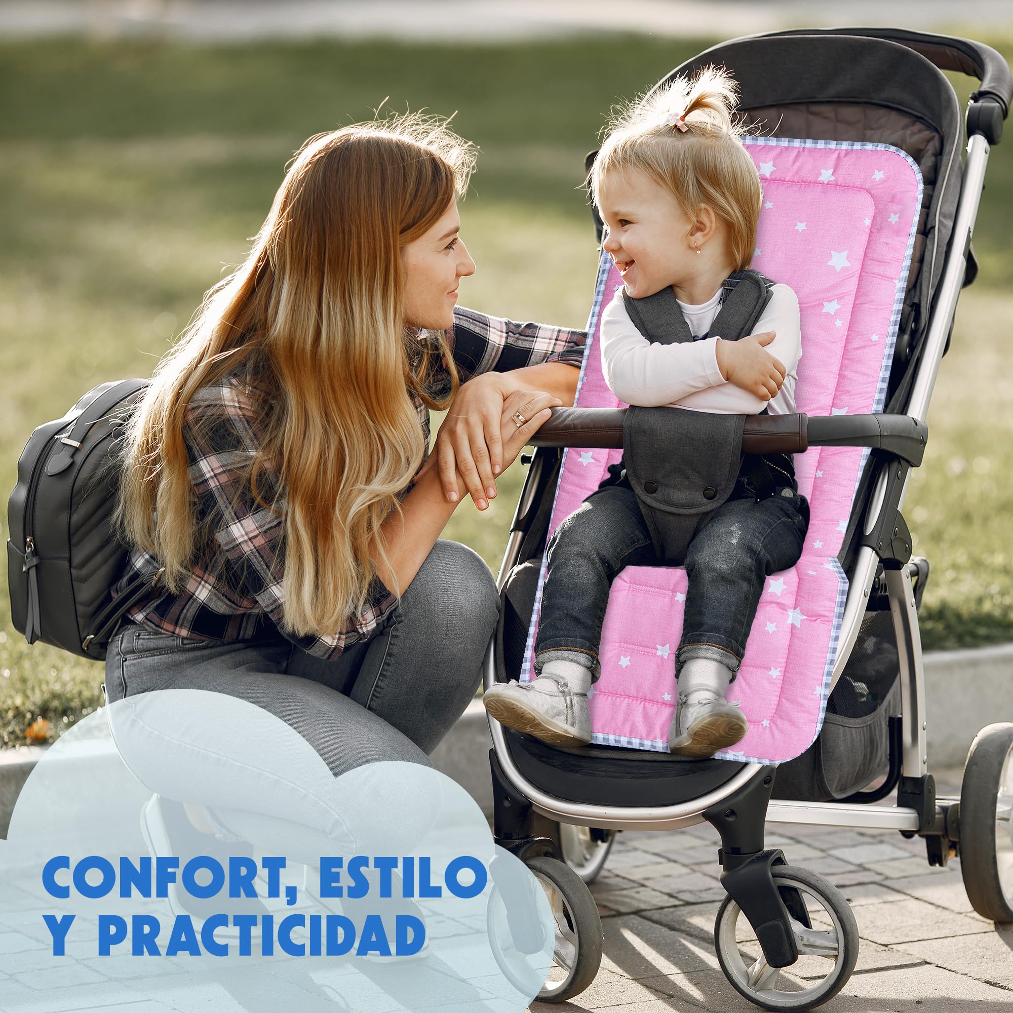 Colchoneta silla paseo universal | Reversible (2 en 1) | Transpirable | Todo el Año | Lavable | Acolchado Mayor Comodidad del Bebé. Compatible mayoría marcas. Fabricado en España (Rosa)