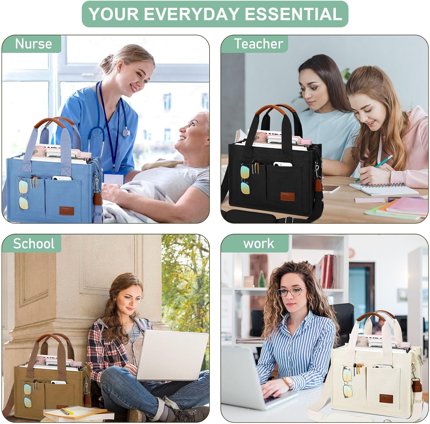 KKXIU Large Canvas Tote Bag for Women with Zipper and Compartments Crossbody Work Bible Messenger Purse Bag With Pockets - Image 2