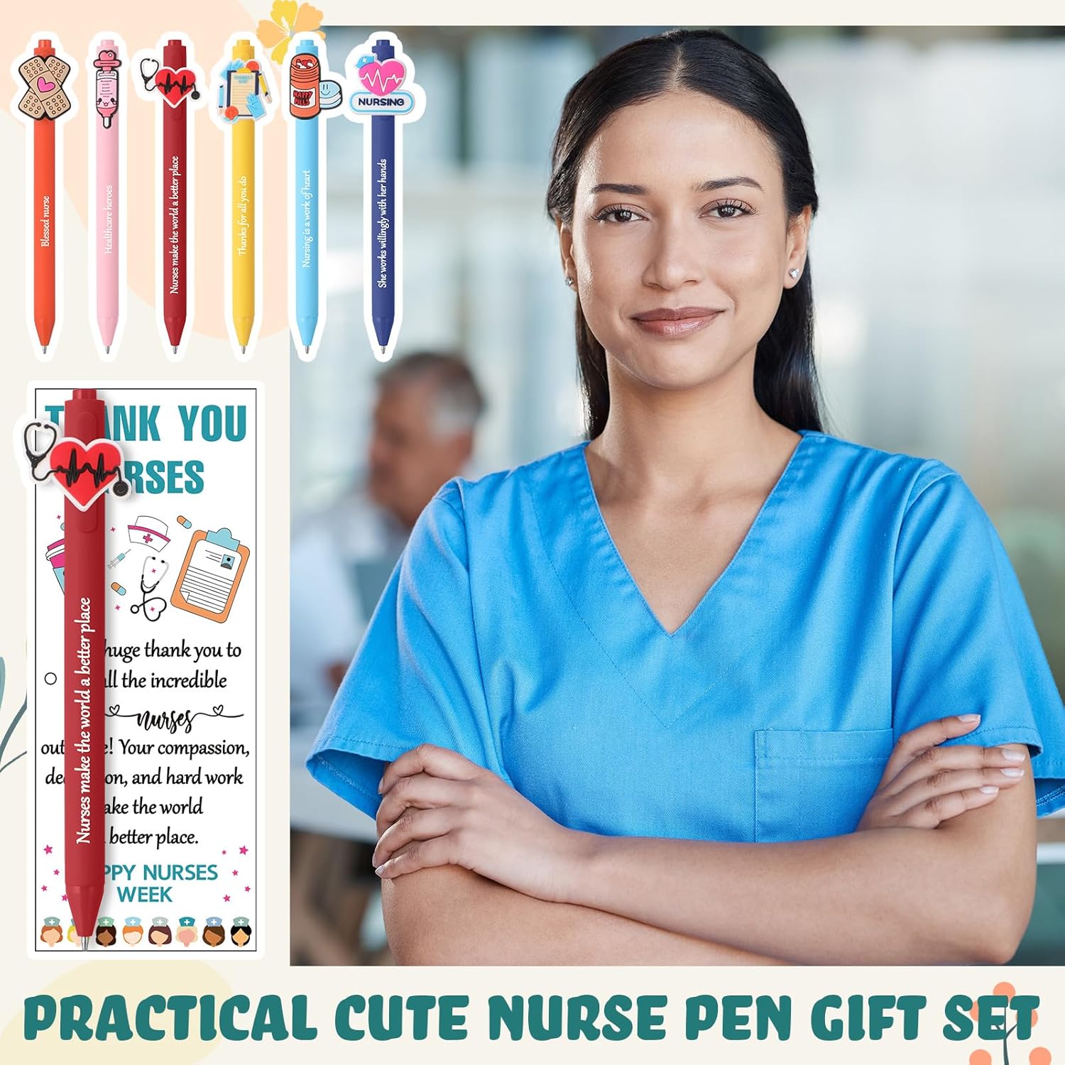 Sayglossy 24 Set Nurse Pens Bulk 2026 Nurse Appreciation Gift Cute Medical Themed Cartoon Ballpoint Pens with Inspirational Greeting Cards for Nurses Week Doctor Medical Assistant Healthcare Worker