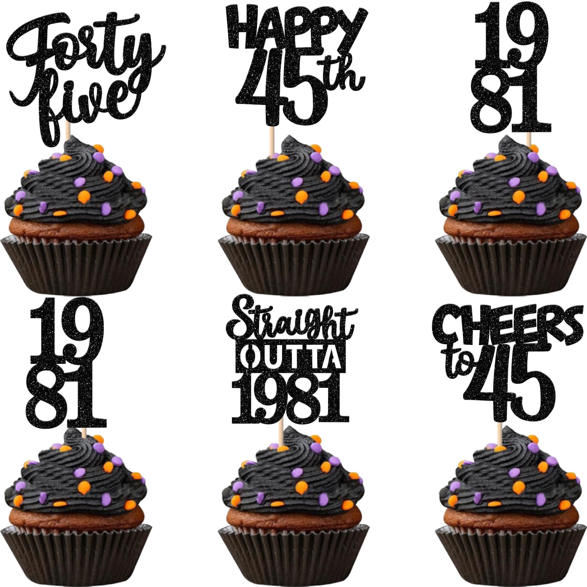 30PCS Black 45th Birthday Cupcake Toppers Glitter Forty Five Happy 45 Straight Outta 1981 Cupcake Picks for Cheers to 45 Years 45th Birthday