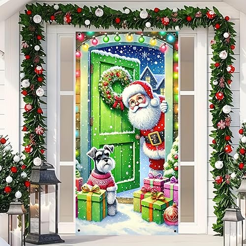 Miniatura 2 de Cubierta de puerta de Navidad de 71 x 35 pulgadas, pancarta de puerta de perro de Papá Noel, letrero de invierno para puerta delantera, cadena de