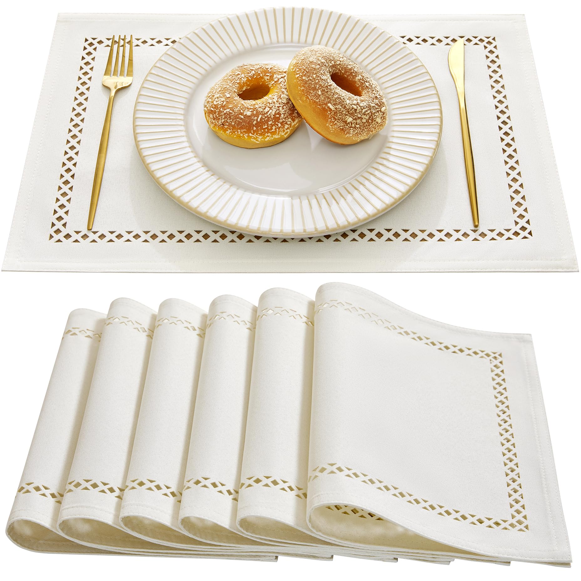 Aoztio Farmhouse Burlap Style Placemats,Table mats set of 6, 30 x 45 cm Linen Style Rustic Geometric Hollow Place Mats