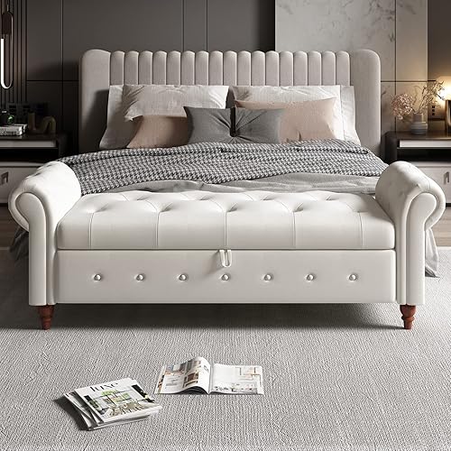 ODUWA Banco de almacenamiento para dormitorio, extremo de la cama, banco armado enrollado copetudo de tela larga tapizada para ventana, banco