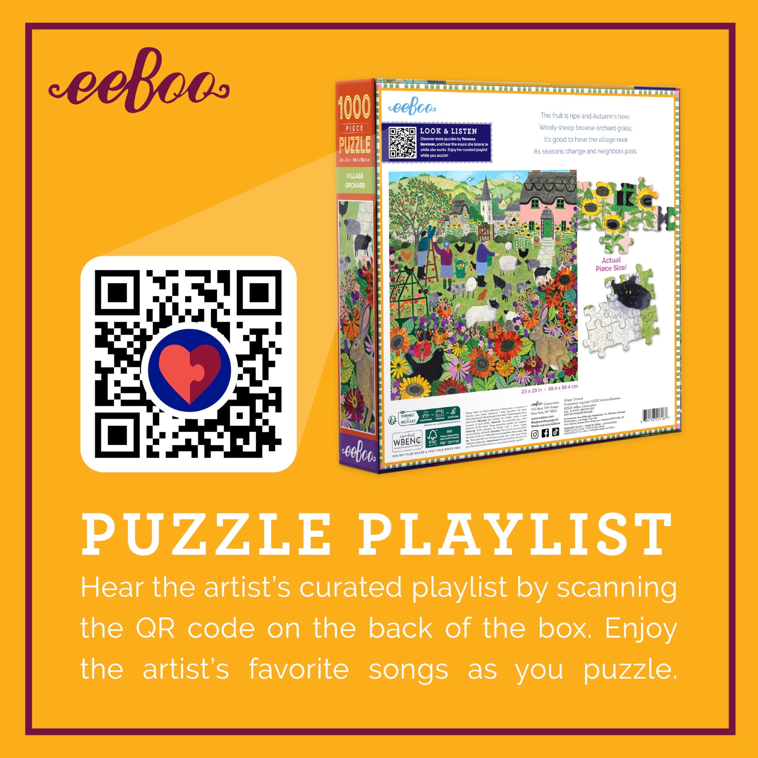eeBoo Piece & Love: Village Orchard – Puzzle de 1000 pièces – Puzzle carré pour Adulte, scène de Village Anglais de Vanessa Bowman, Nature automnale, écologique