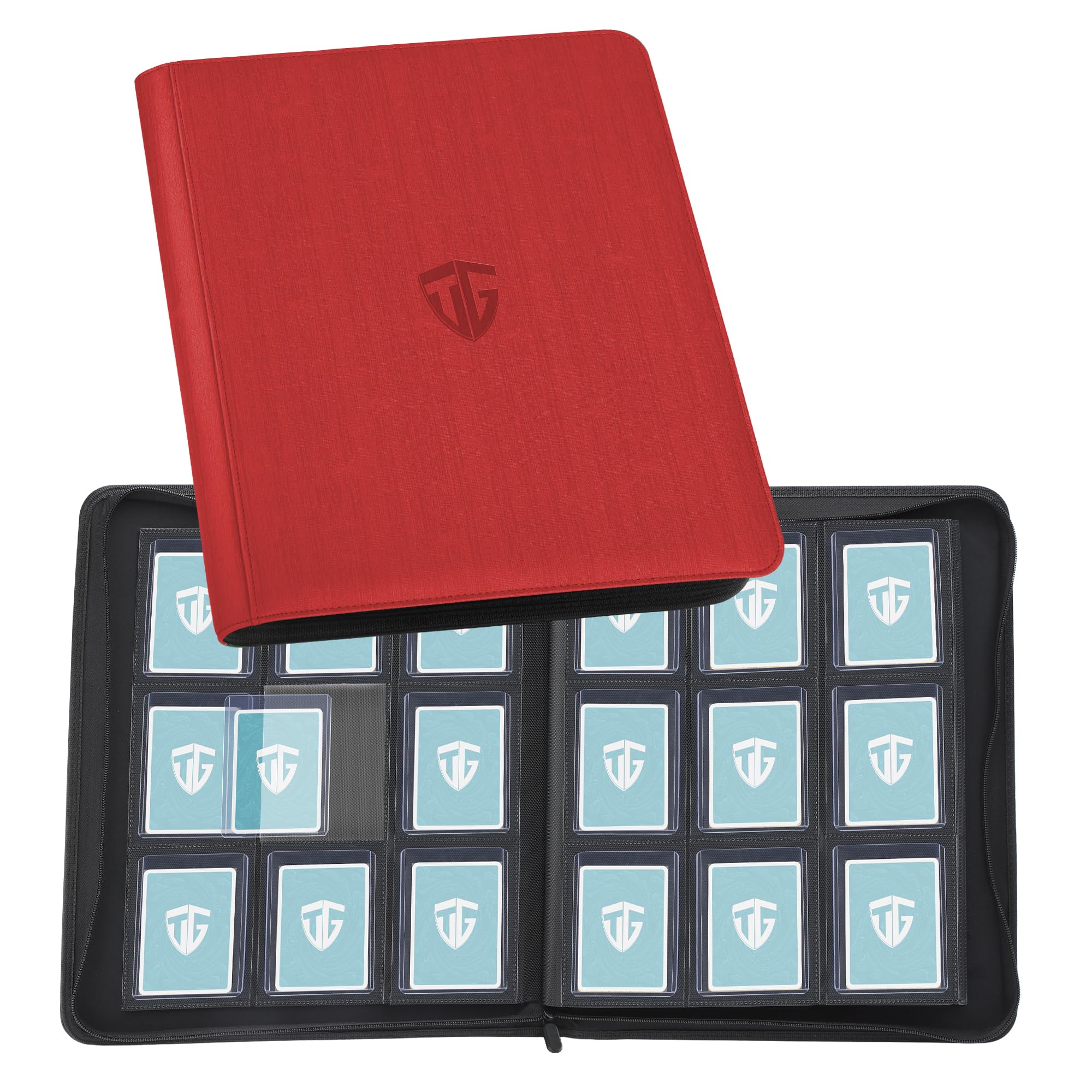 TCGUARD Sammelkarten Album für 216 Karten, 9 Fächer Toploader Binder mit Hüllen für 3"x4" Rigid Toploader Card, Trading Card Binder für TCG und MTG-Karten (Rot)