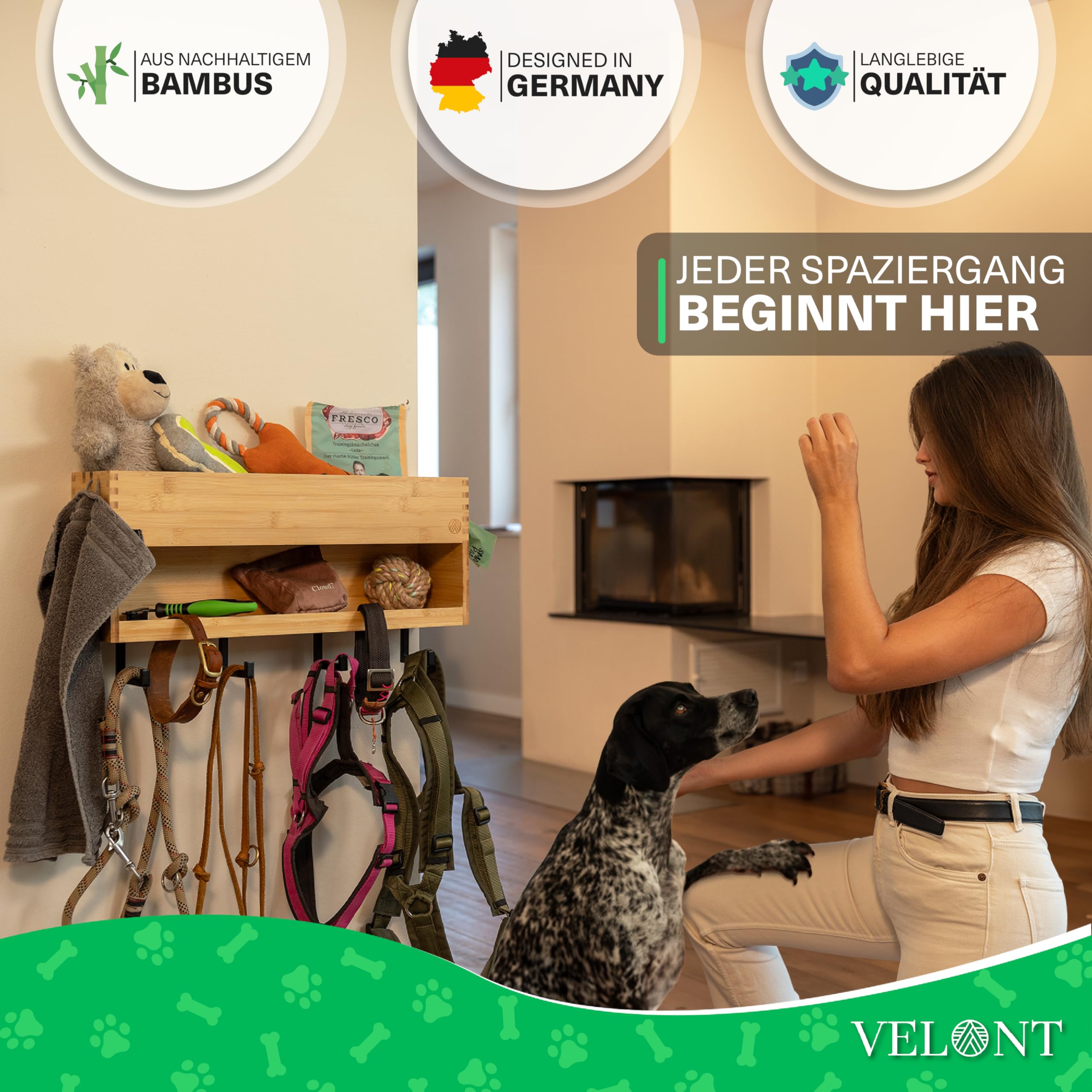 VELONT Perchero XXL con estante, perfecto aparcamiento de lino, estación de bambú respetuosa con el medio ambiente para ropa y accesorios, marca alemana, incluye dispensador de bolsas de excrementos,