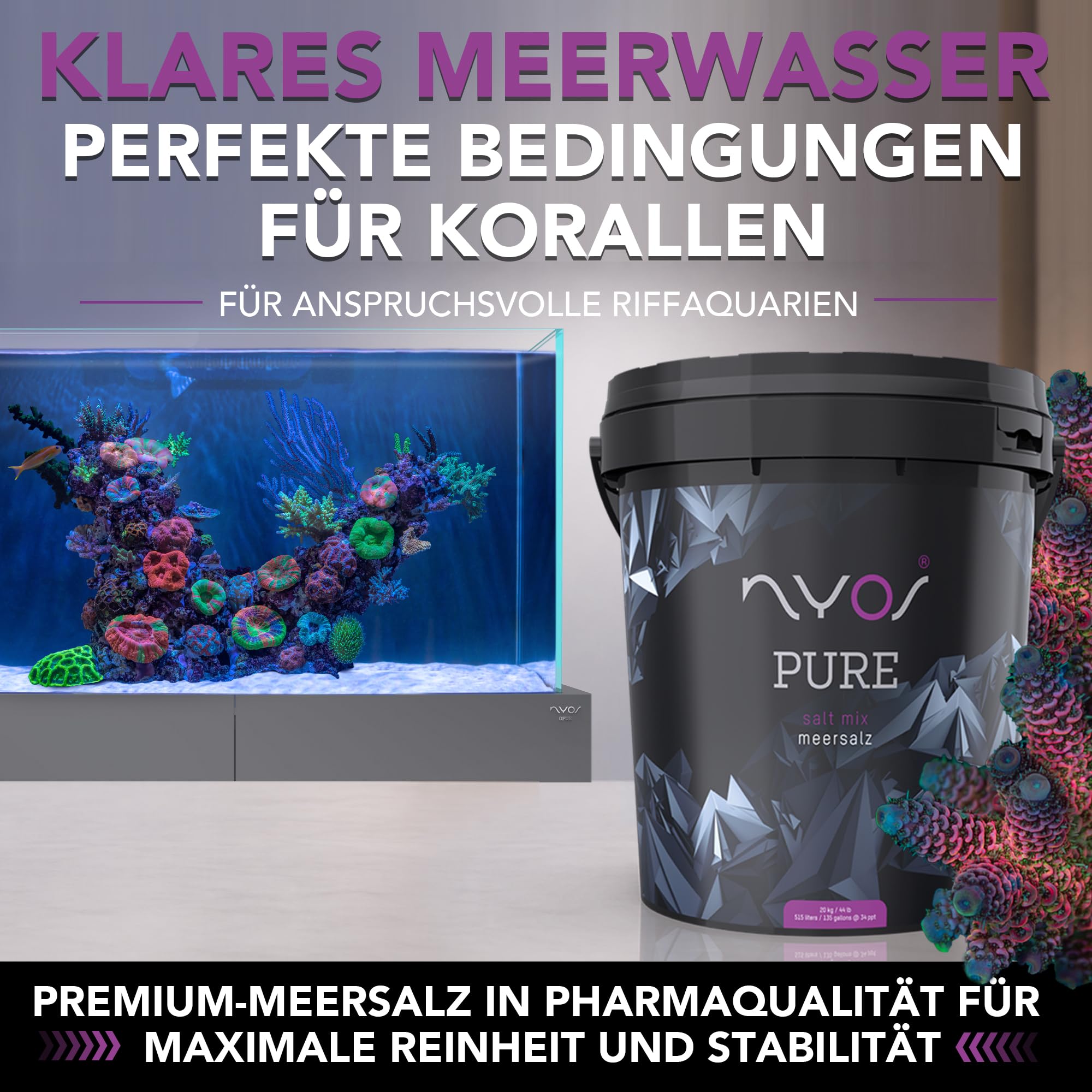 NYOS Pure Meersalz für Meerwasseraquarien - Fördert Korallenfarbe & Wachstum, Schnell löslich, ICP-geprüft, Natürliche Reinheit, 20kg Eimer