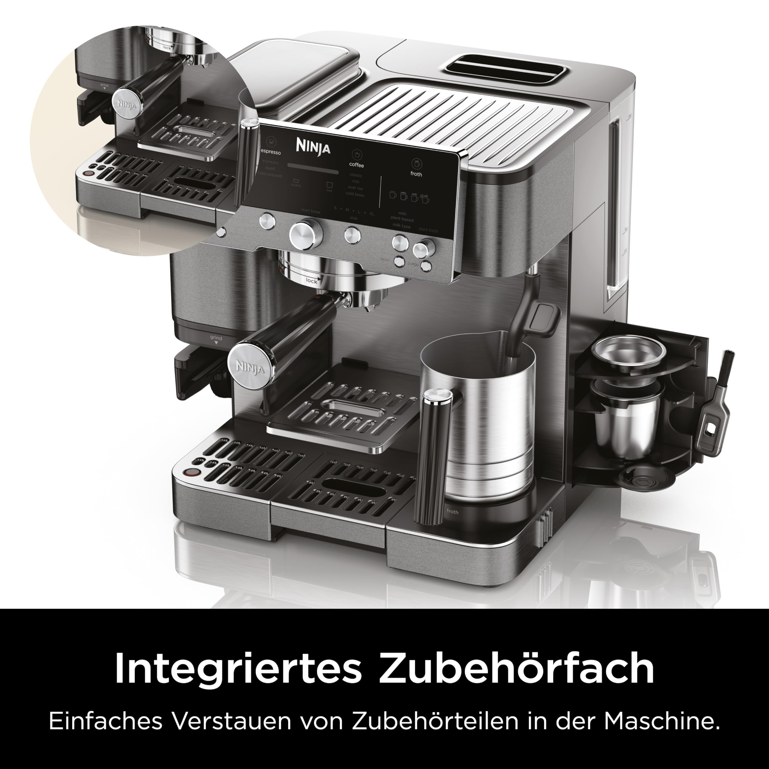 Ninja Luxe Premier 3-in-1 Kaffeemaschine für Espresso, Cold Brew & Filterkaffee, 4 Schaumeinstellungen, Grau-Metall