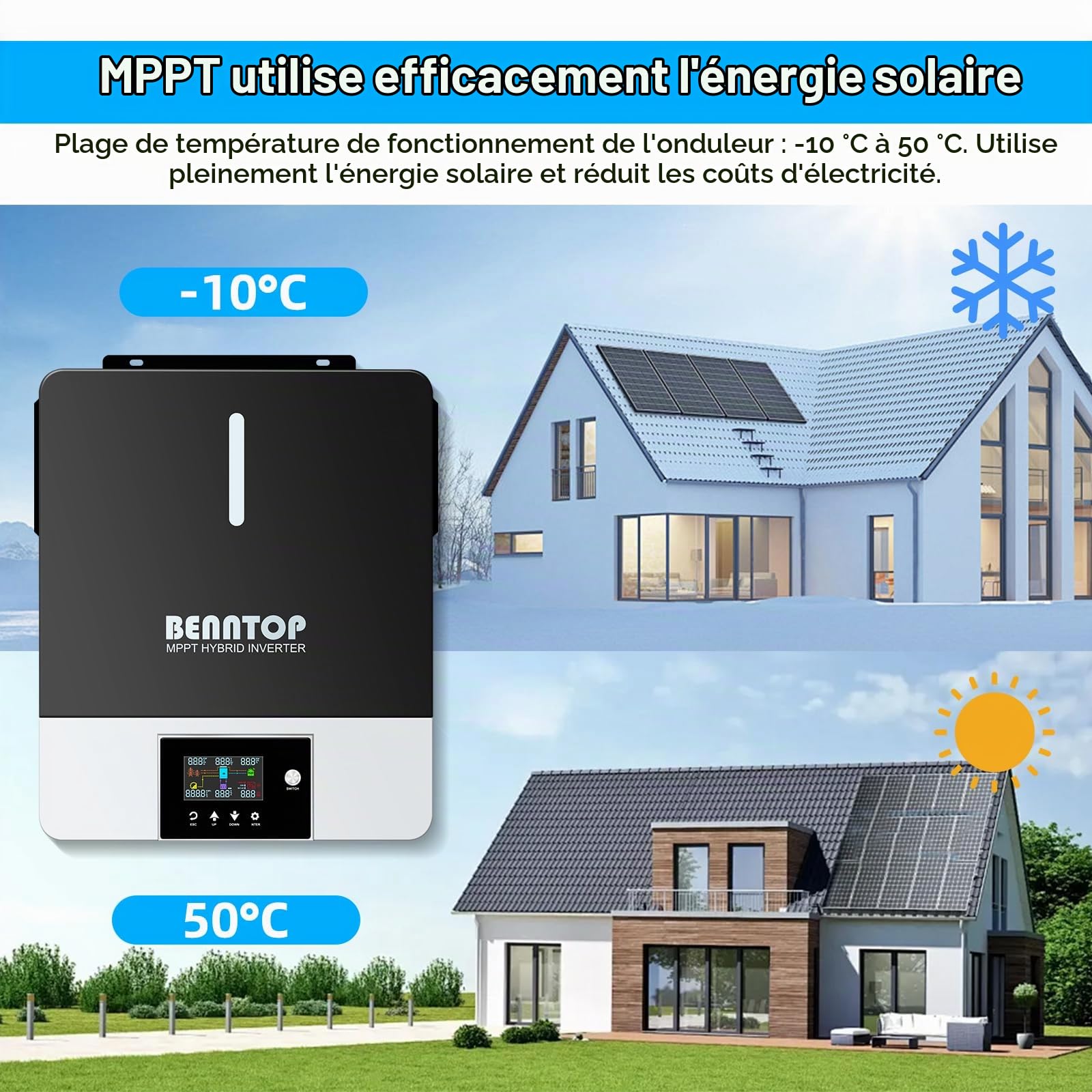 6200W Onduleur Solaire Hybride 48V 220/230V Pure Sine PV Max.500V avec 120A MPPT contrôleur de Charge Solaire Pure Sine Off-Grid Wave Inverter for Lead Acid and Lithium Batteries (6200EU48)
